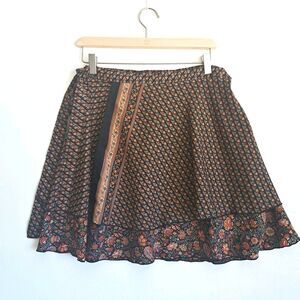 Coline Cottagecore Wrap Skirt Red Floral Black Layered Boho Tie Waist One Size